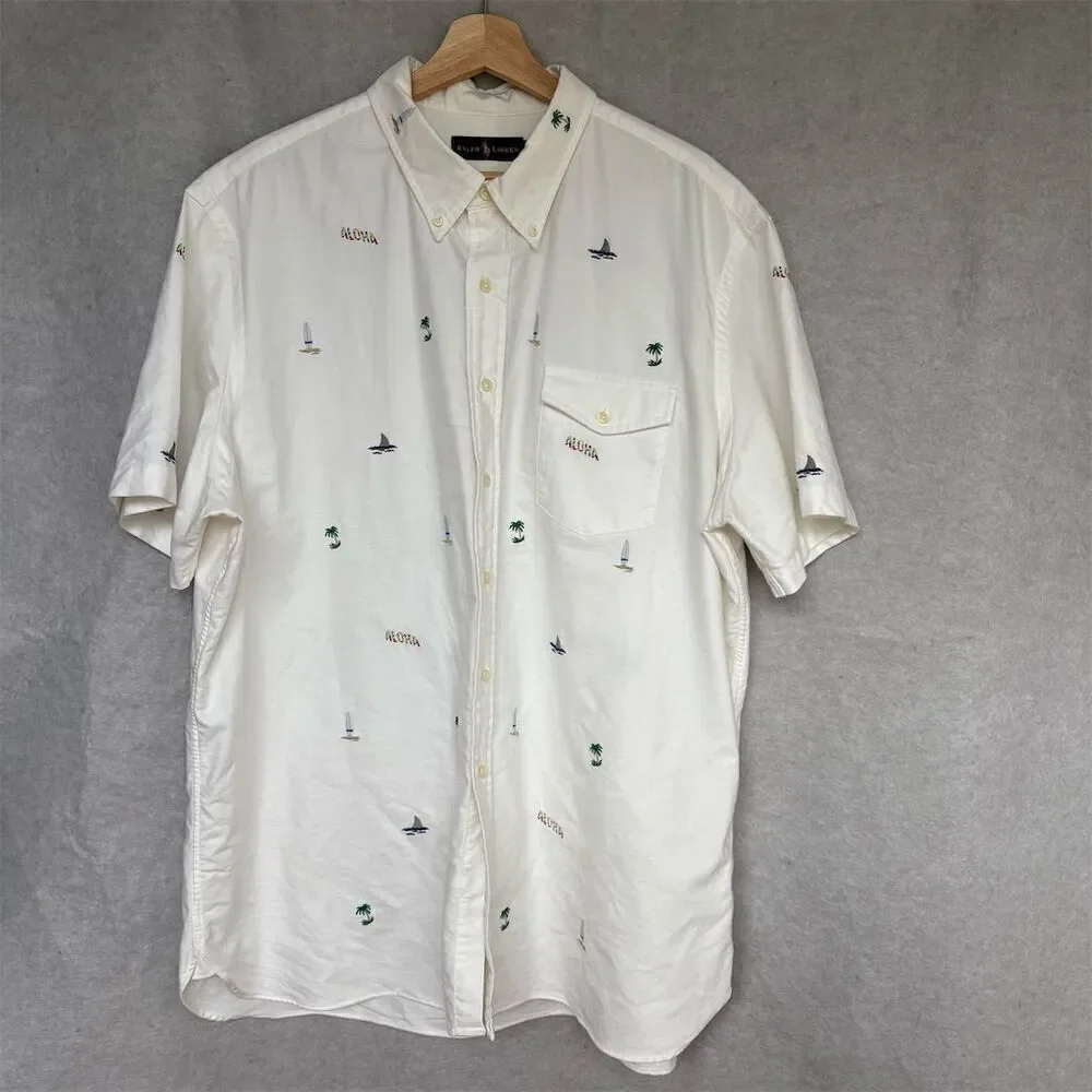 Polo Ralph Lauren Aloha Shirt Men’s XXL White Embroidered Short Sleeve Cotton